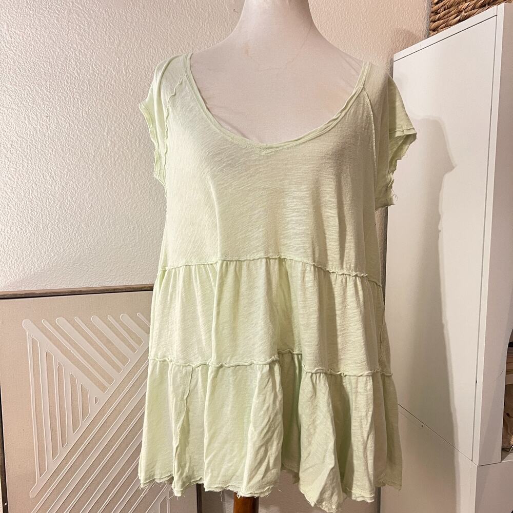 Free People Womens Green Linen Blend Sunshine In The Rain Top Sz S Boho Relaxed